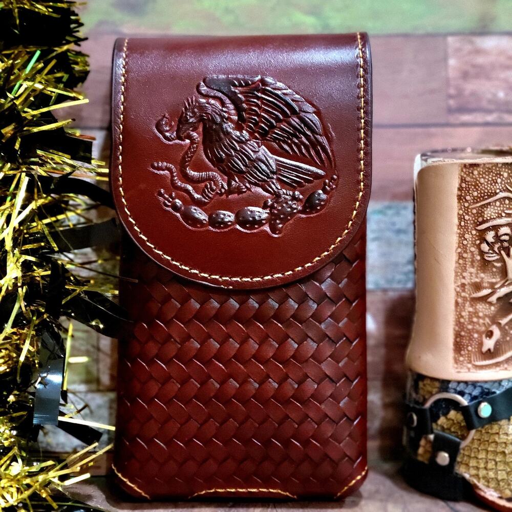 Eagle Embossed Cell Phone Holder Holster genuine Leather Belt Loop Basketweave